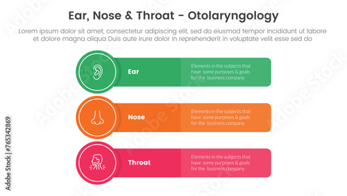 ent health treatment disease infographic 3 point stage template with long rectangle box with circle badge for slide presentation