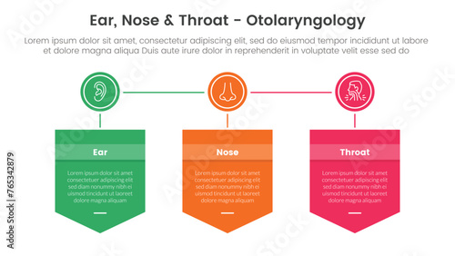 ent health treatment disease infographic 3 point stage template with badge box shield and circle connected for slide presentation