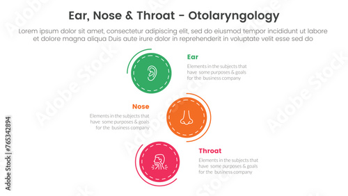 ent health treatment disease infographic 3 point stage template with vertical stack circle direction for slide presentation