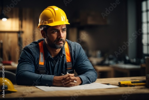 Tired and discouraged construction worker wearing hat and safety suit sitting at the table