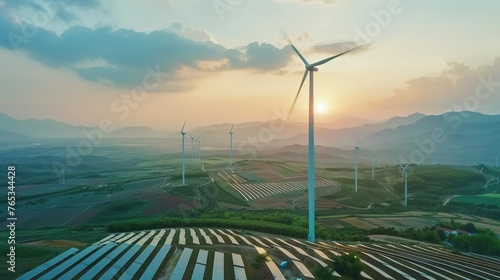 Futuristic agricultural landscape with wind turbines and solar panels.