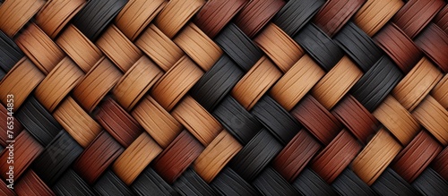 A detailed closeup showing a wicker pattern with alternating brown and black stripes, resembling a hardwood flooring pattern