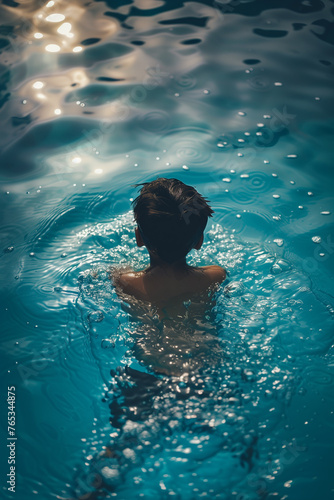 Young boy enjoying a refreshing swim in a pool, perfect for active lifestyle promotion © pijav4uk