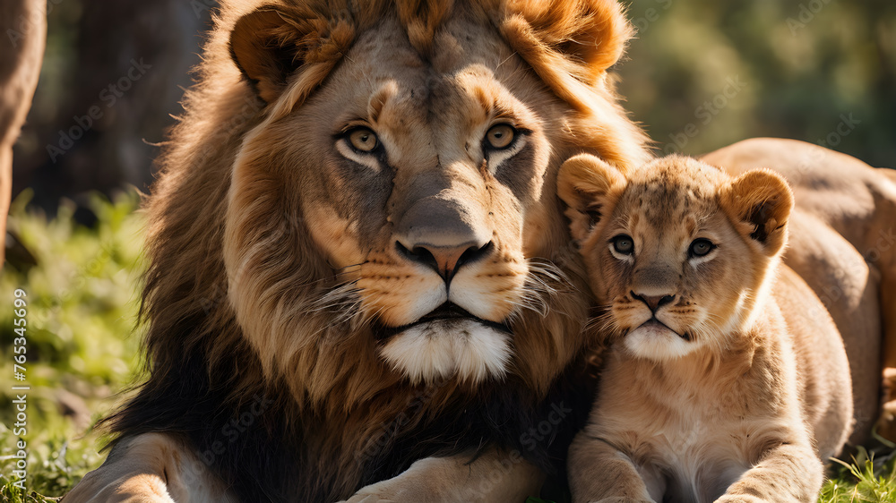 Big lion and cub as wild animal in the nature habitat. AI generated image, ai Big lion and cub as wild animal in the nature habitat. AI generated image, ai