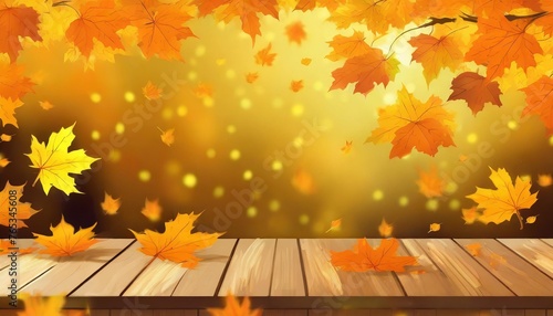 maple leaves background with natural falling yellow and orange leaves and a wooden table illustration
