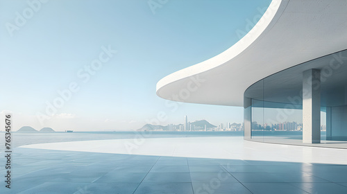 An open space for showcasing products,Minimalist white background with blue sky, overlooking the vast sea and distant cityscape.For posters, covers, Product Showcase © horizor