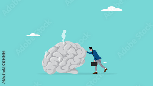 broken brain concept vector illustration, brain damage caused by pornography or PMO, depressed businessman can't concentrate on work because his brain is damaged