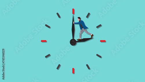 turn back time to fix mistake or completing the task, trying to get time back, extension of time to complete the work, businessman tries to turn back the clock to rewind time concept illustration