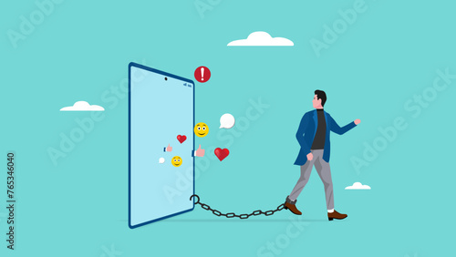 nomophobia or no mobile phone phobia, overusing mobile phone concept, business people who are afraid to remove from mobile phone connectivity, Businessman Chained to Big Smart Phone illustration