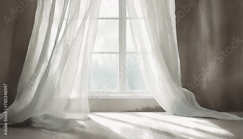 a minimalistic background featuring a large window with curtains gently billowing in the breeze the light pouring through creates a play of shadows on a textured linencovered