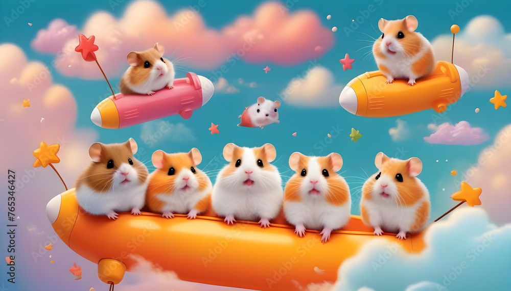 Illustrations of hamsters riding on clouds, with a soft color palette Illustrations of hamsters riding on clouds, with a soft color palette