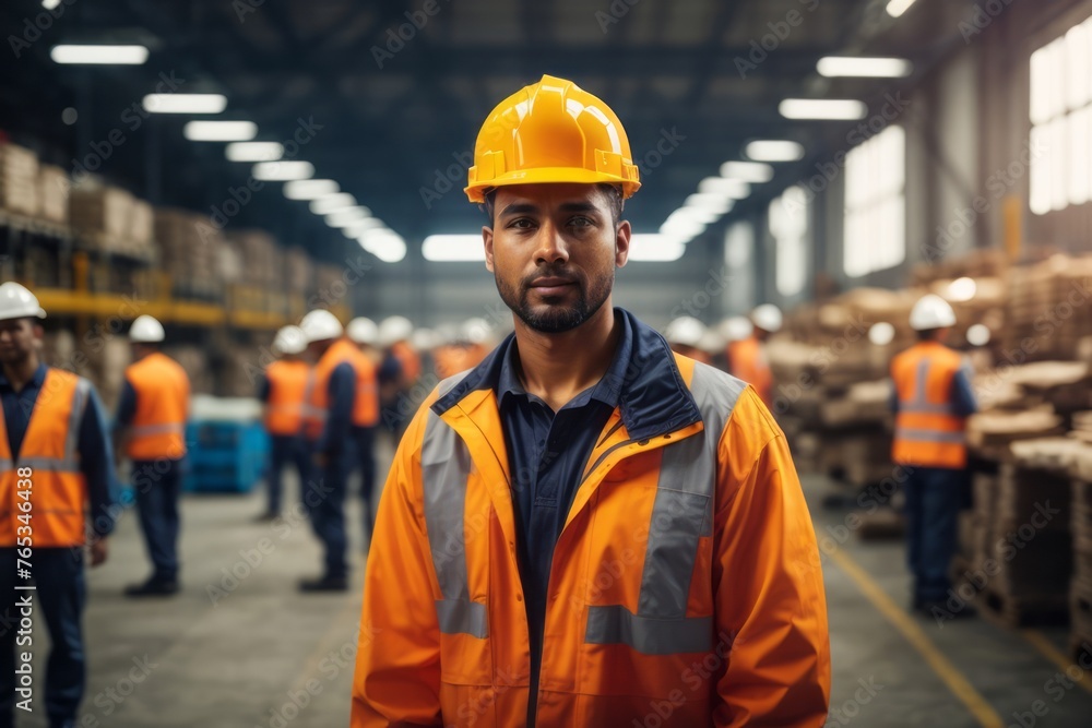 Industrial workers in factory warehouse wearing hat and safety suit Industrial workers in factory warehouse wearing hat and safety suit