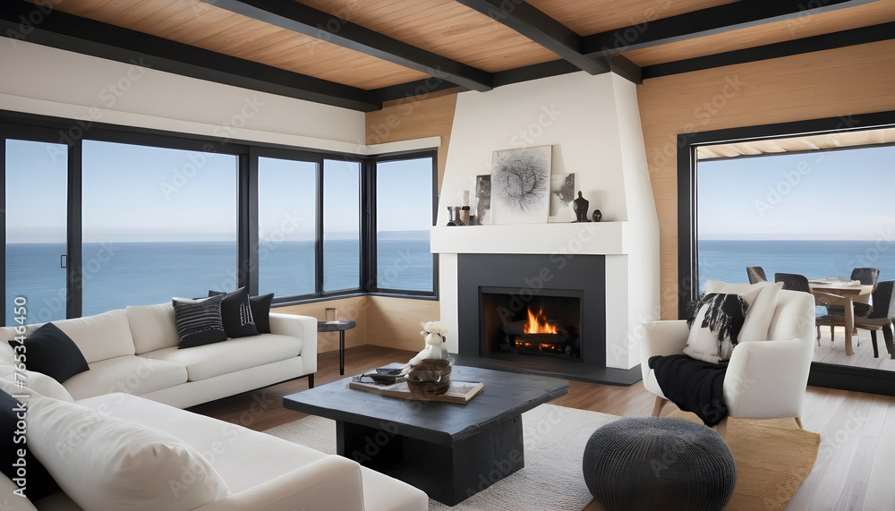 Fototapeta premium beautiful modern living room with fireplace and black and white decor