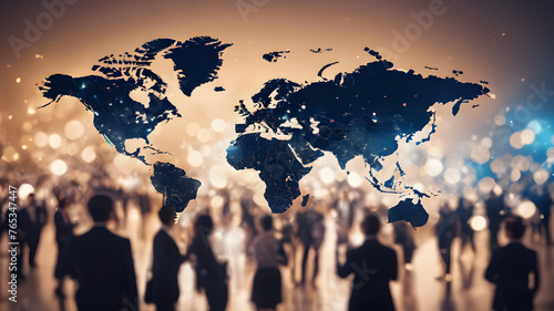 International business partnership. Business people standing silhouette on world map background, Global business concept. Global business concept, generative ai.