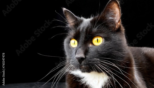 black cat on a black background with bright yellow eyes
