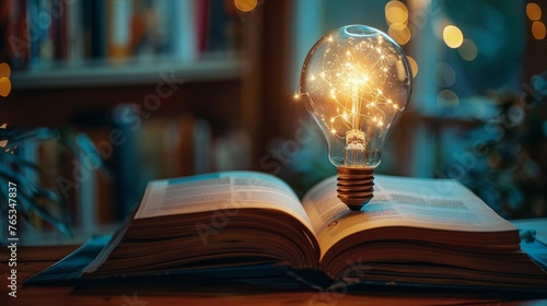 Educational textbook with a lightbulb popping up from its pages, symbolizing innovation and ideas