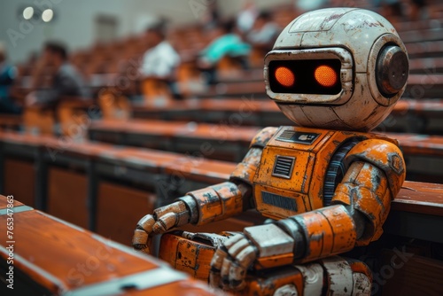 A worn-out robot sits contemplatively in an empty lecture hall.