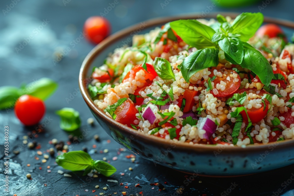 Freshly prepared couscous salad with tomatoes and basil in a rustic bowl. Freshly prepared couscous salad with tomatoes and basil in a rustic bowl.