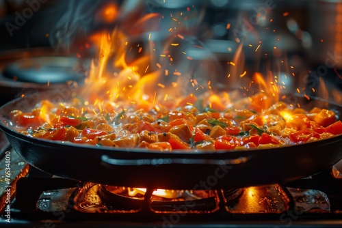 A fiery stir-fry cooking process captured in a pan over a gas stove.