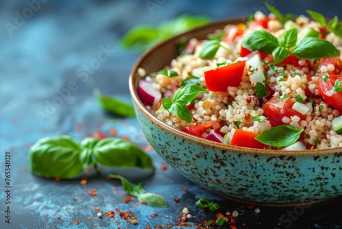 Freshly prepared couscous salad with tomatoes and basil in a rustic bowl.