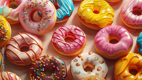 Assorted colorful donuts with different toppings - An array of vibrant, colorful donuts glazed and decorated with various toppings, appearing deliciously tempting