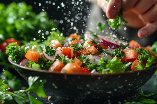 Sprinkling herbs on a fresh tomato salad, capturing the dynamic movement of falling water droplets.