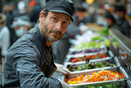 Chef at a salad bar preparing a fresh vegetable dish, focused and professional.
