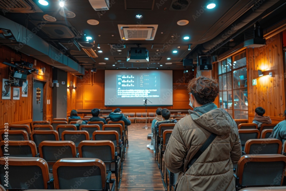 A person in a brown jacket watching a presentation in a lecture hall.