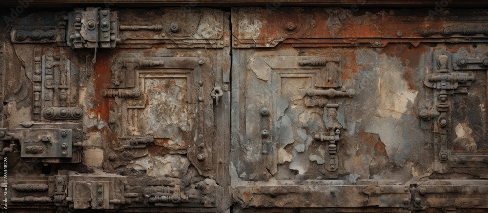 Capture the intricate details of a door showcasing a collection of decayed metal components Capture the intricate details of a door showcasing a collection of decayed metal components