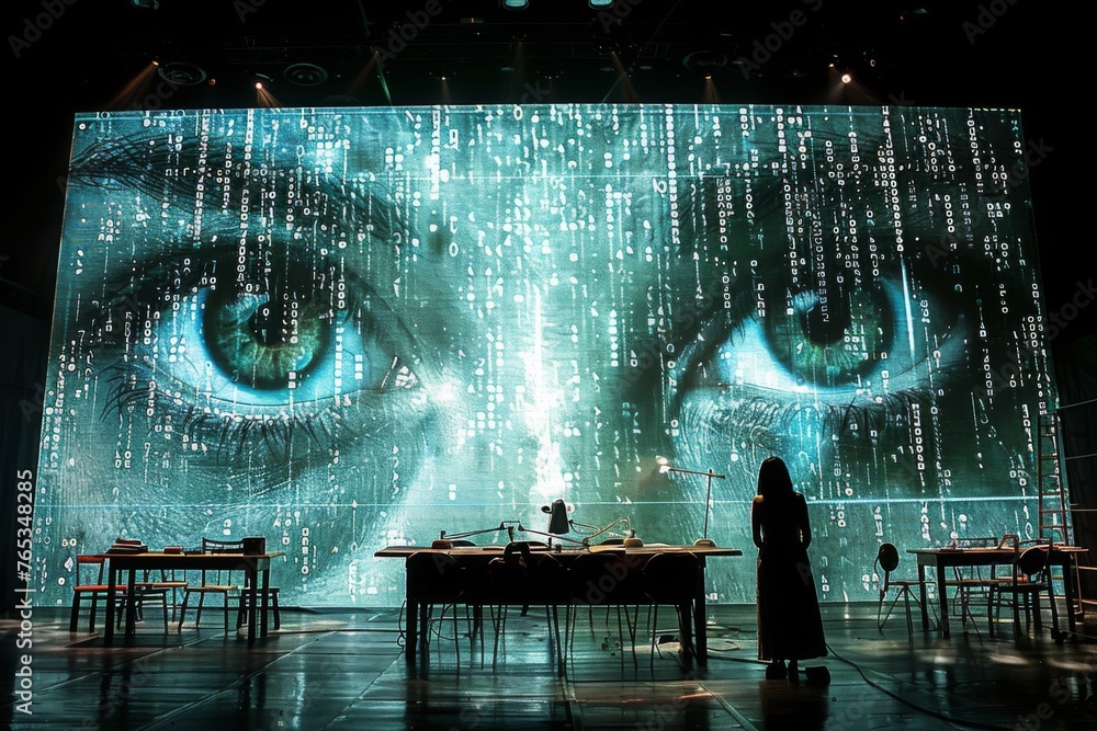 A theatrical stage with digital art featuring an oversized pair of eyes. - obrazy, fototapety, plakaty 