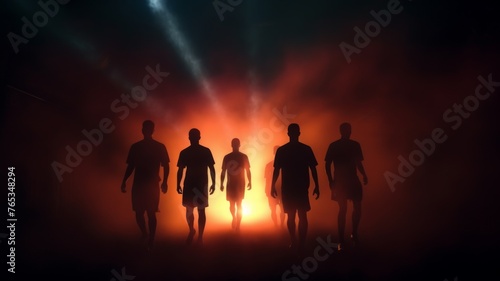 Soccer Players Silhouettes with Red Backlight - These silhouettes of soccer players set against a fiery red backlight evoke passion and the heat of the upcoming competition