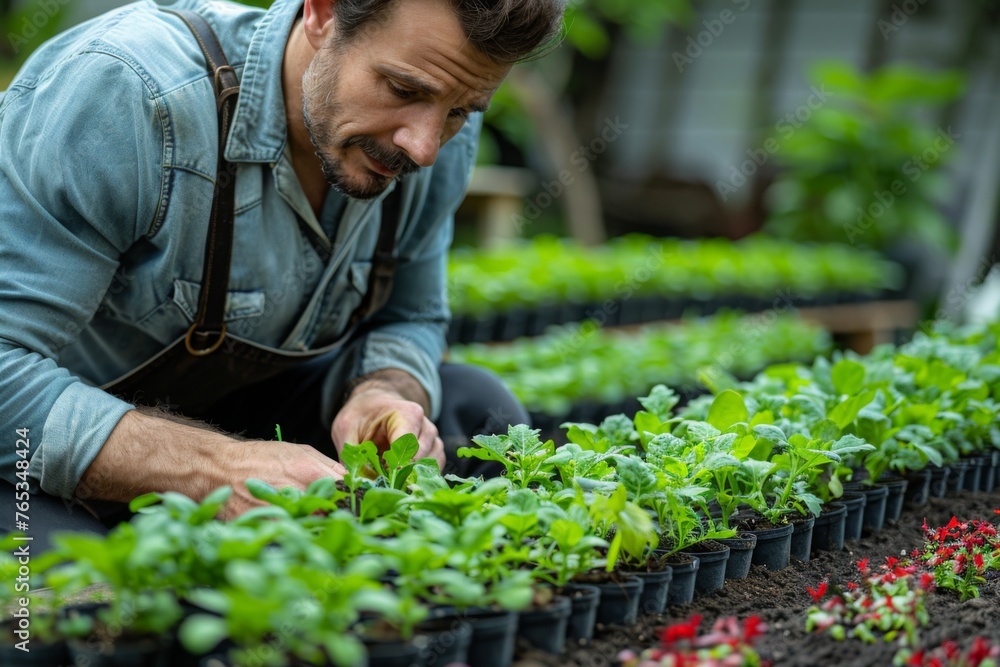 A focused farmer tending to seedlings in a nursery, promoting sustainable growth. A focused farmer tending to seedlings in a nursery, promoting sustainable growth.