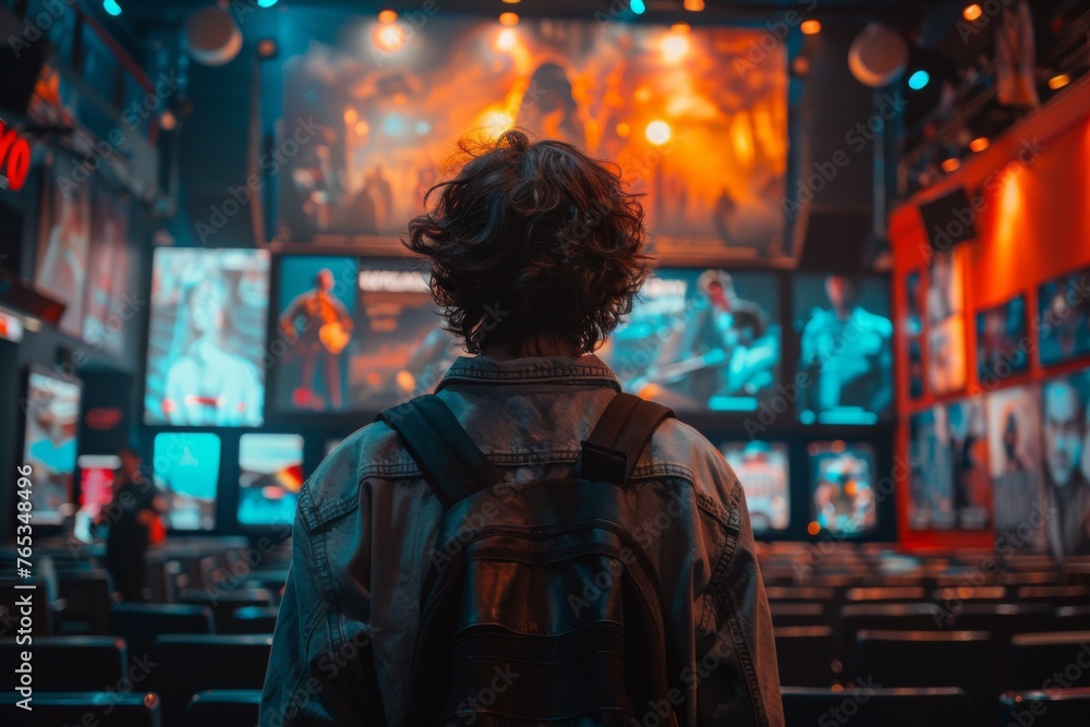 A person from behind looking at movie posters and screens at a film festival. A person from behind looking at movie posters and screens at a film festival.