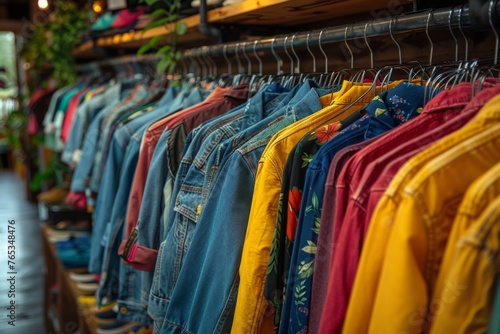 Colorful jackets on display, showcasing diverse fashion styles and fabrics.