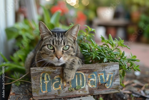 Playful cat beside Earth Day sign, garden setting, bright colors, midday sunshine , close up