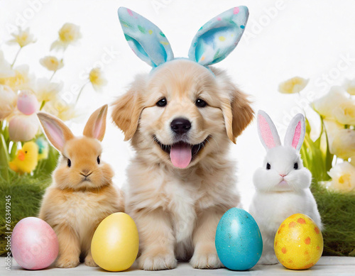 happy golden retriever dog wearing easter bunny ears and a brown rabbit with colourful easter eggs