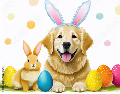 illustration of a happy golden retriever dog wearing easter bunny ears and a brown rabbit with colourful easter eggs