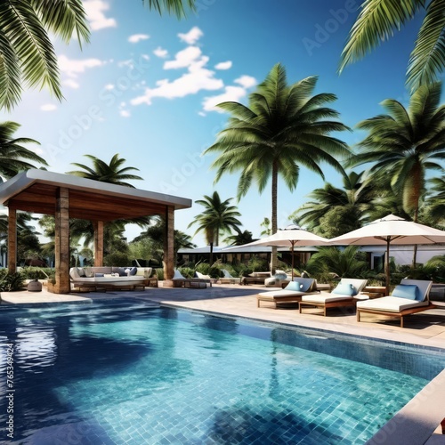 Luxurious resort pool with palm trees and blue water © solution