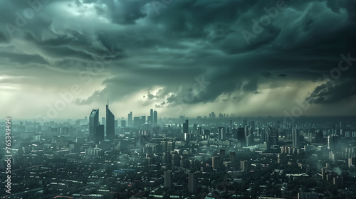 cloudy stormy weather over a vast panoramic view of a city skyli photo