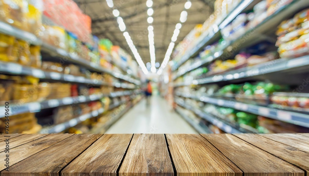wood table top with supermarket aisle blur background for product display