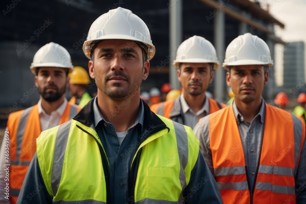 Team of construction workers, engineers or architects wearing hat and safety suit at construction building site Team of construction workers, engineers or architects wearing hat and safety suit at construction building site