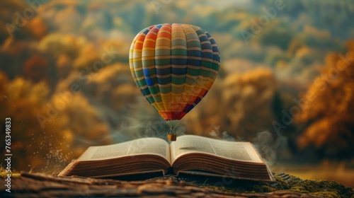 Opened book with a colorful hot air balloon popping up from its pages,  symbolizing imagination and adventure. ,  8K UHD --ar 16:9 --s 201