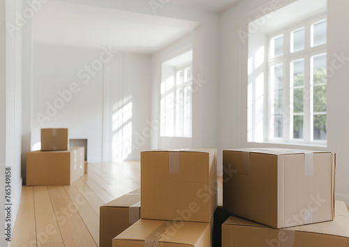 moving cardboard boxes in an empty room illustration. © melhak