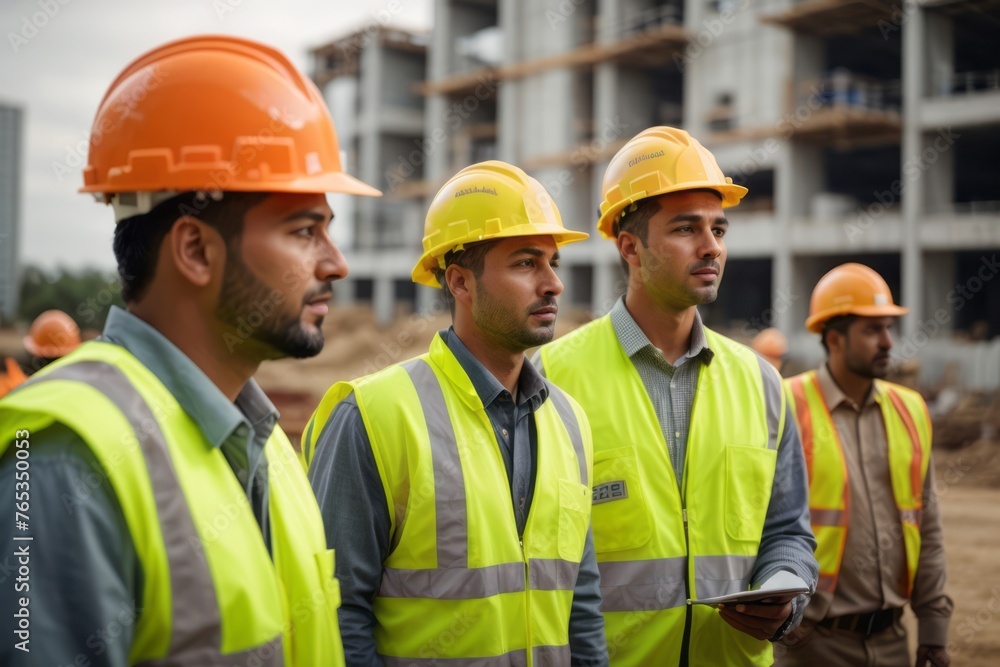 Team of construction workers, engineers or architects wearing hat and safety suit at construction building site Team of construction workers, engineers or architects wearing hat and safety suit at construction building site