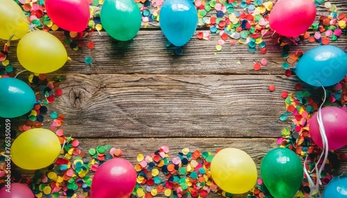 a wooden background in which colored confetti is tied to colorful balloons