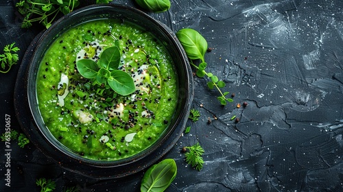 Broccoli  spinach and green peas cream soup on a dark concrete background.