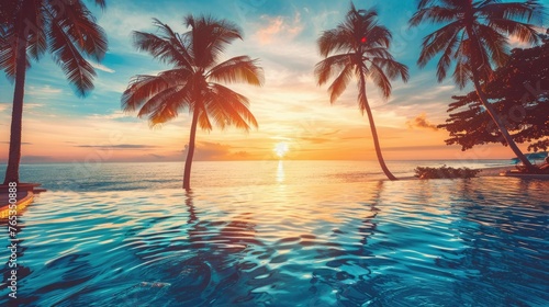 Palm trees and swimming pool at tropical resort beach on sunset