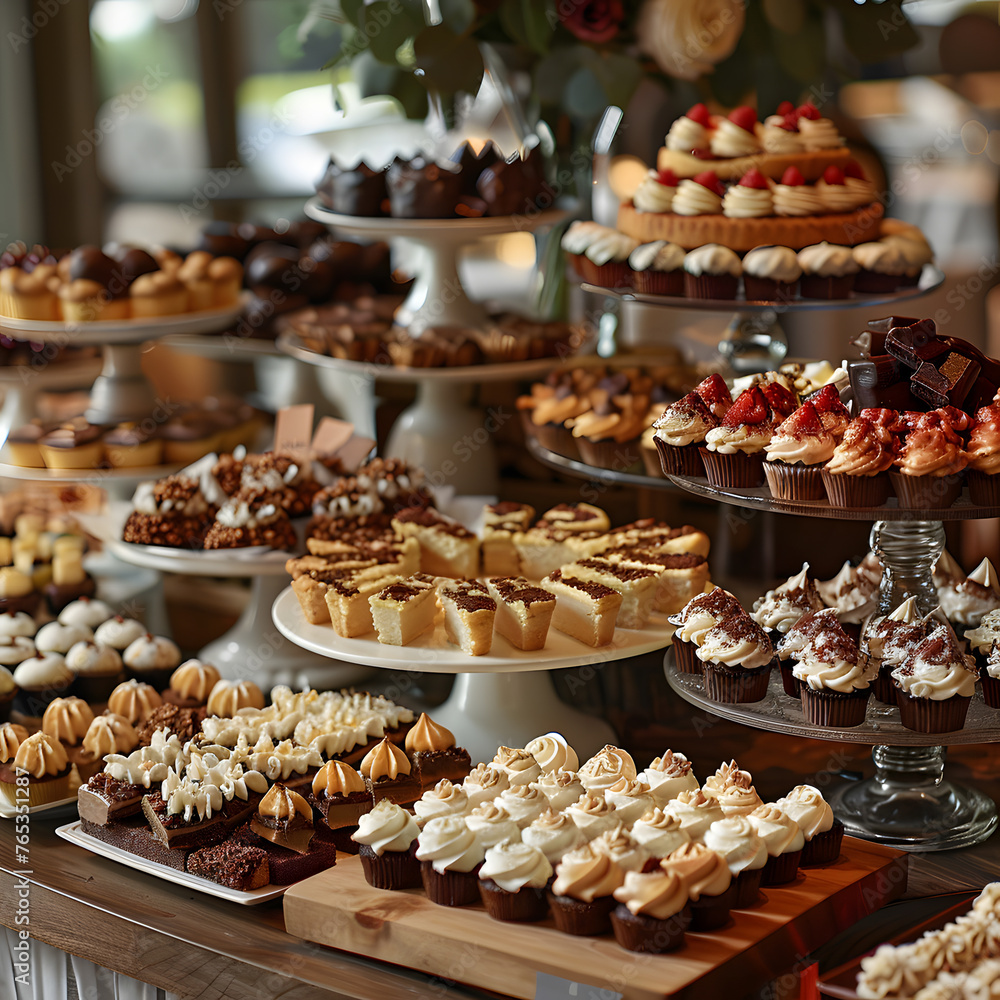 An assortment of sweet desserts, including baked goods and finger foods, are presented on a table, showcasing a variety of flavors and ingredients