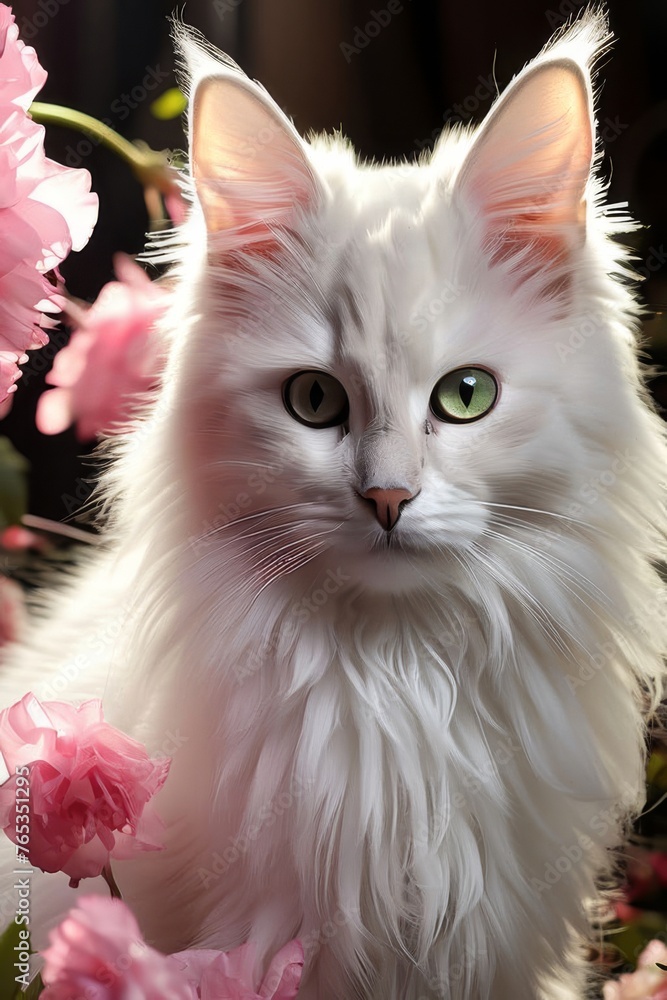 a kitten climbed on the apple tree with pink flowers in the spring garden a kitten climbed on the apple tree with pink flowers in the spring garden