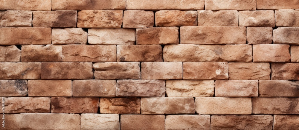 An image showing a close-up view of a brick wall with numerous brown bricks An image showing a close-up view of a brick wall with numerous brown bricks